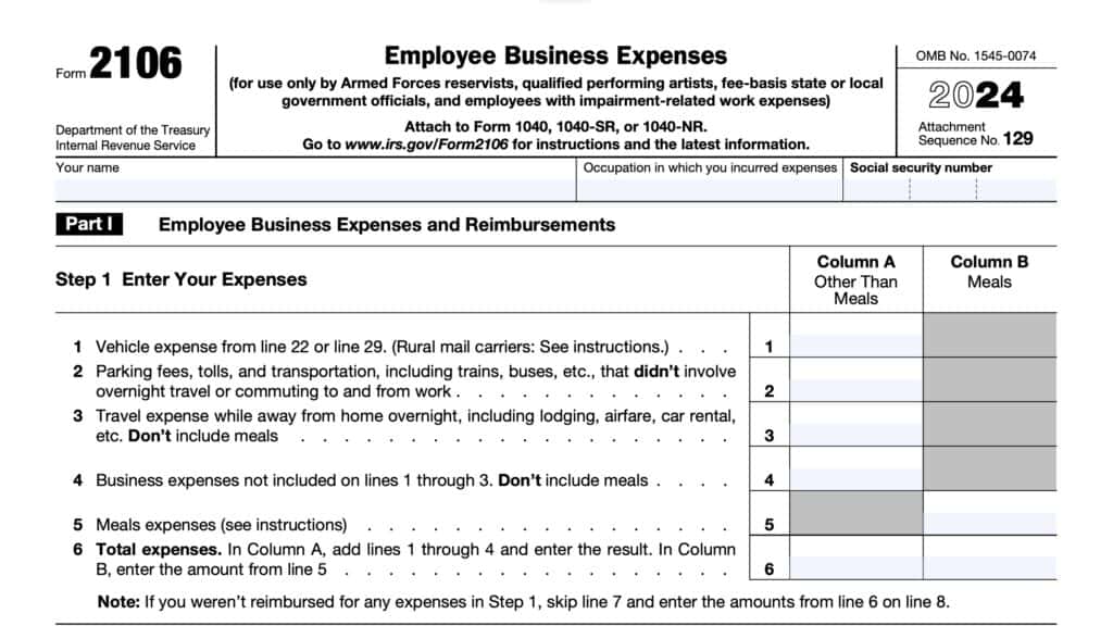 irs form 2106, employee business expenses