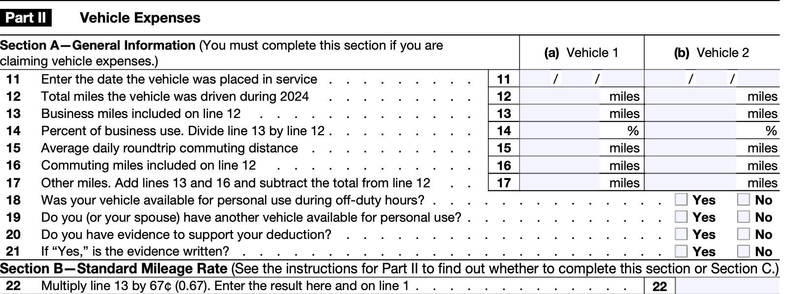 irs form 2106, Part II: Vehicle Expenses, section a (general information) and section b (standard mileage rate)