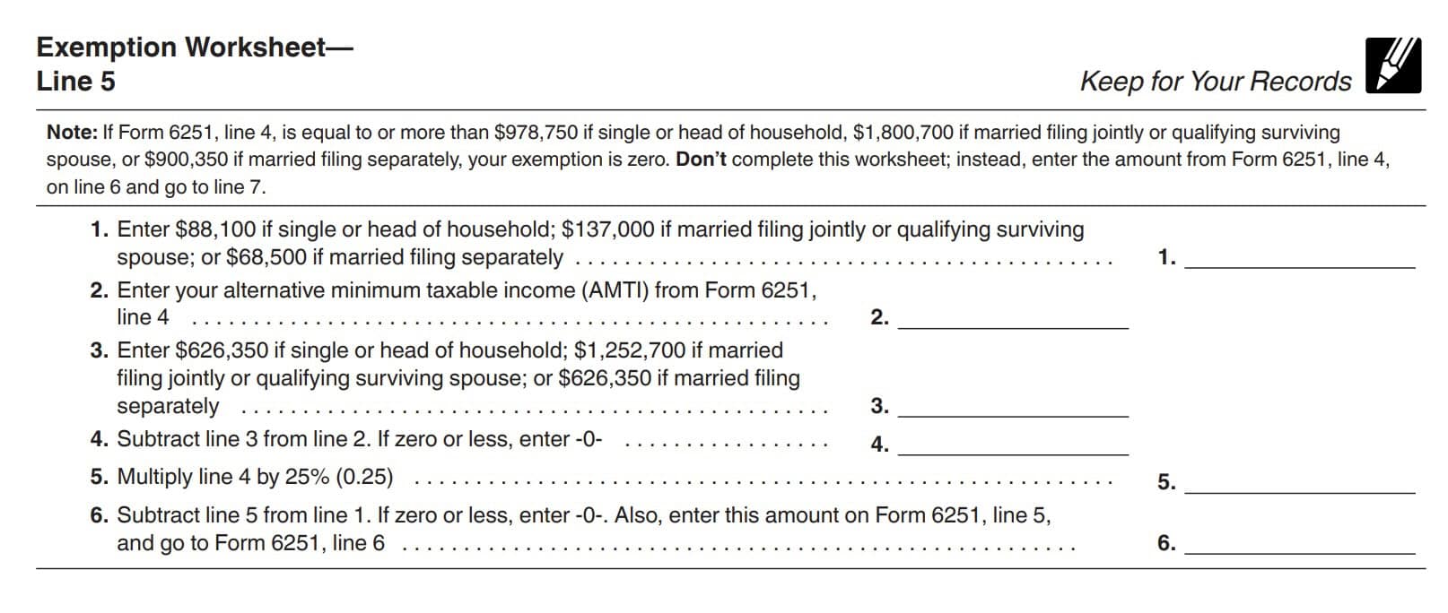 irs form 6251, line 5 exemption worksheet