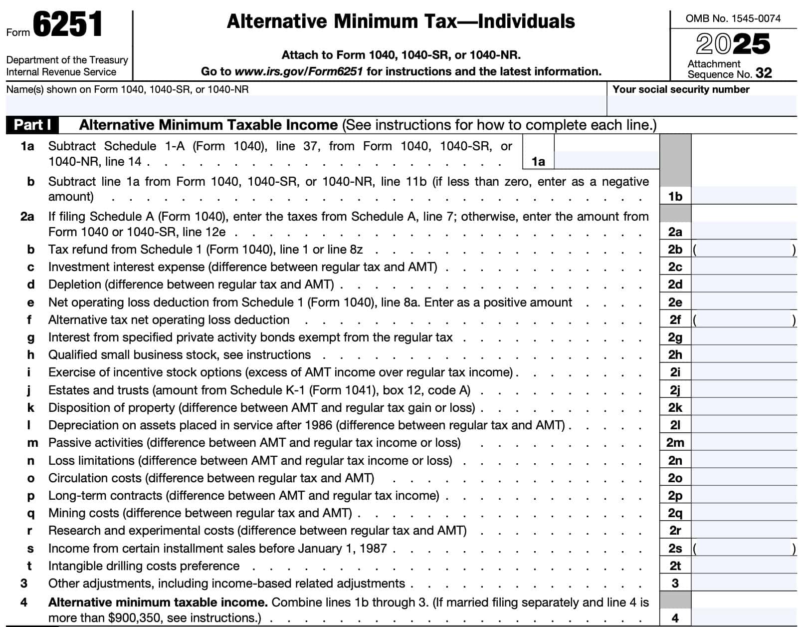 IRS Form 6251 Part I: Alternative Minimum Taxable Income, lines 1 through 2i