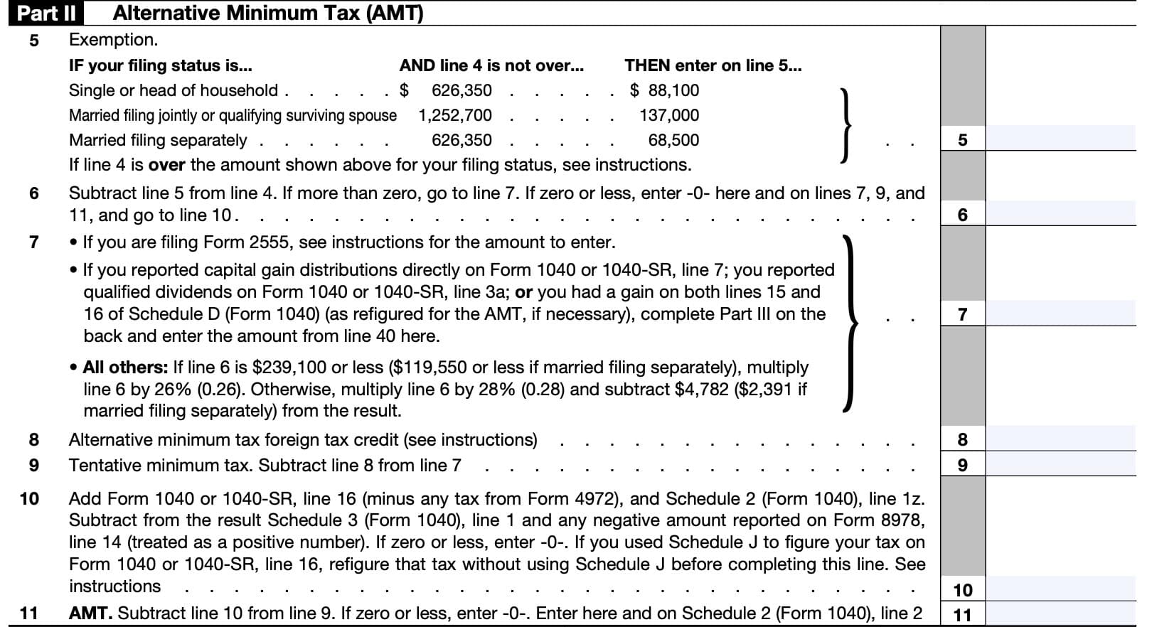 IRS Form 6251 Part II helps calculate AMT.