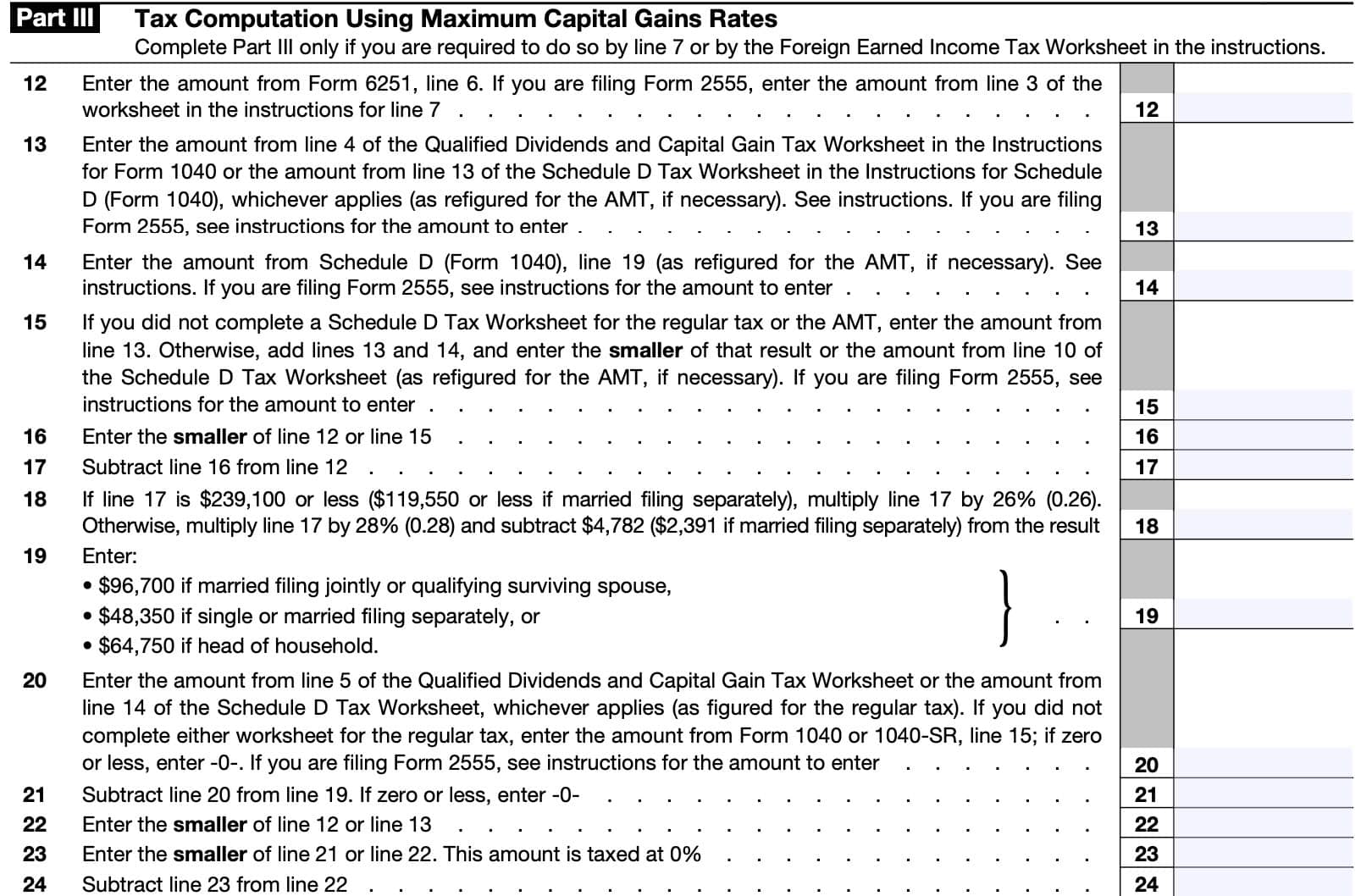 IRS Form 6251 Part III helps compute tax using maximum capital gains rates, but is not always required.