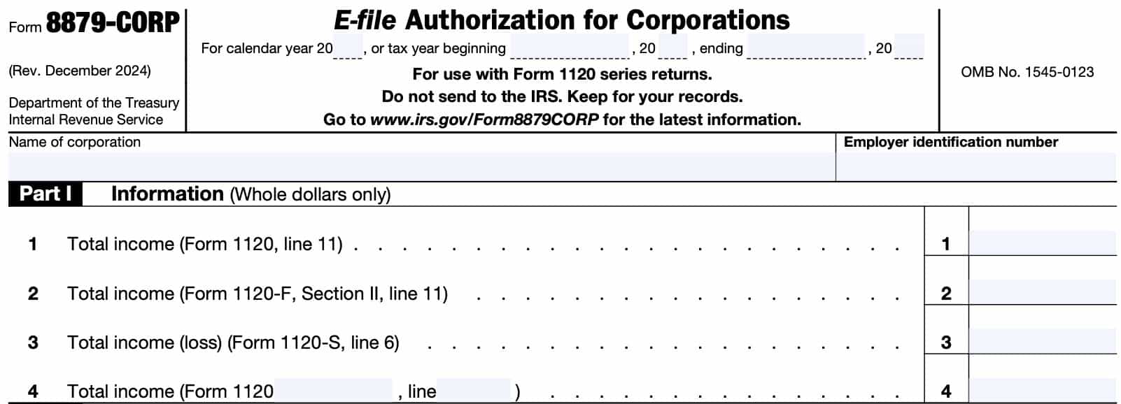 irs form 8879-corp, part i: information