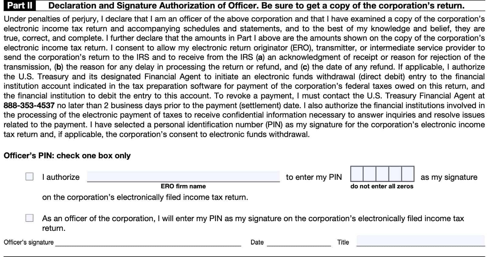 irs form 8879-corp, part ii: declaration and signature authorization of officer