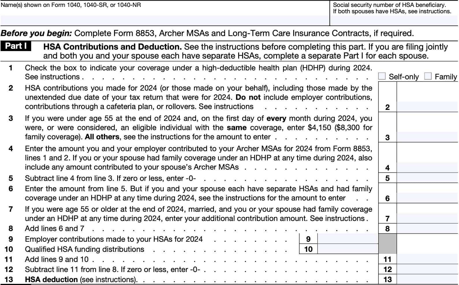 irs form 8889, health savings account, part I  