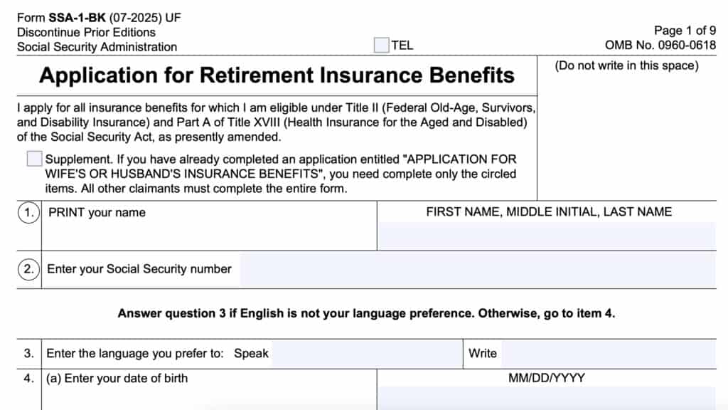 Form SSA-1-BK, Application for Retirement Insurance Benefits