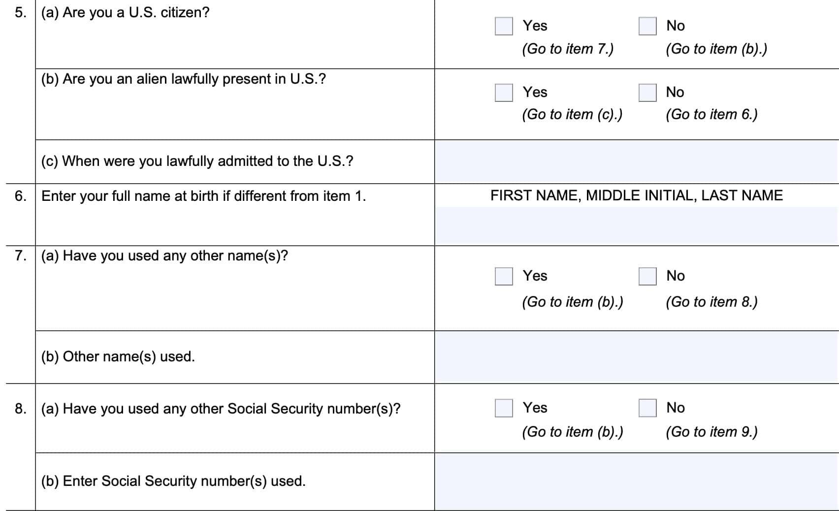 form ssa-1-bk, line 5 through line 8