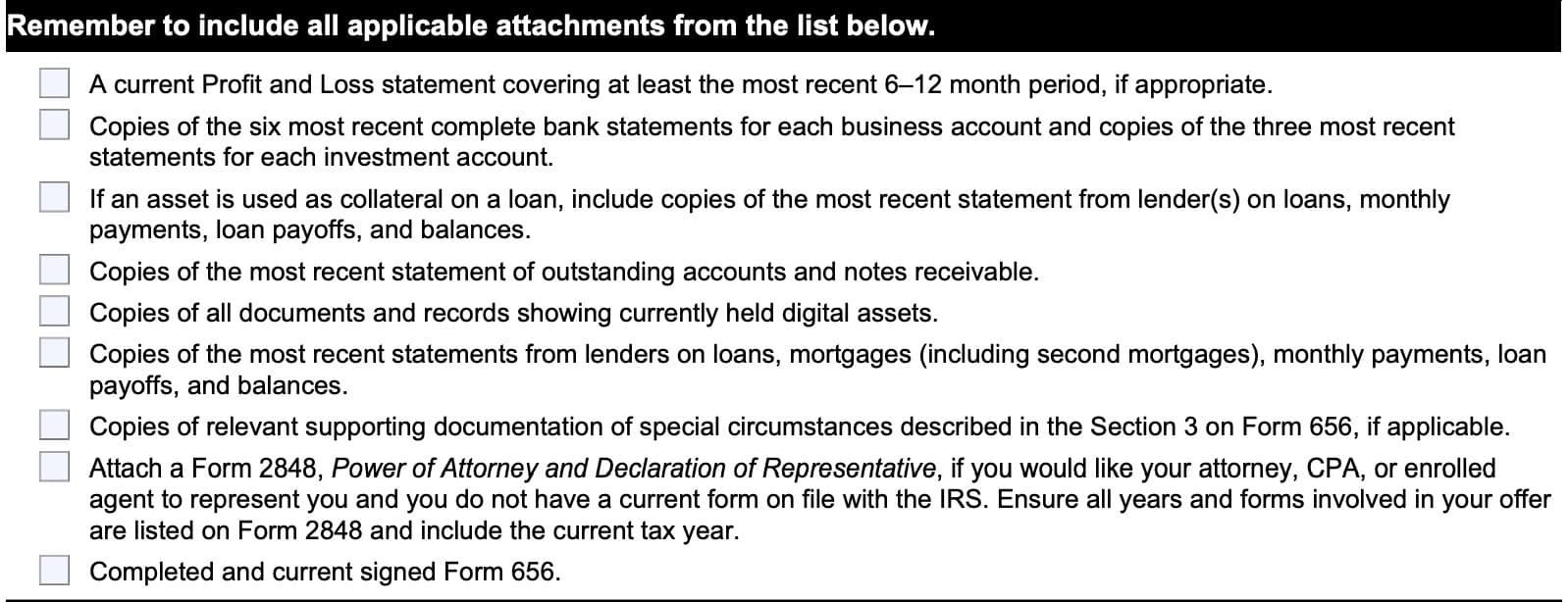 irs form 433-b required documents