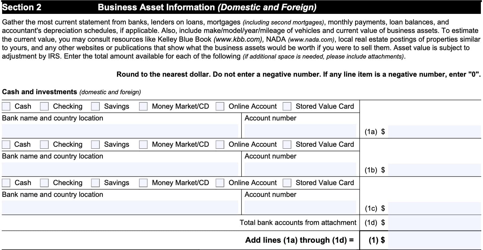 irs form 433-b, section 2, business asset information: cash and equivalents