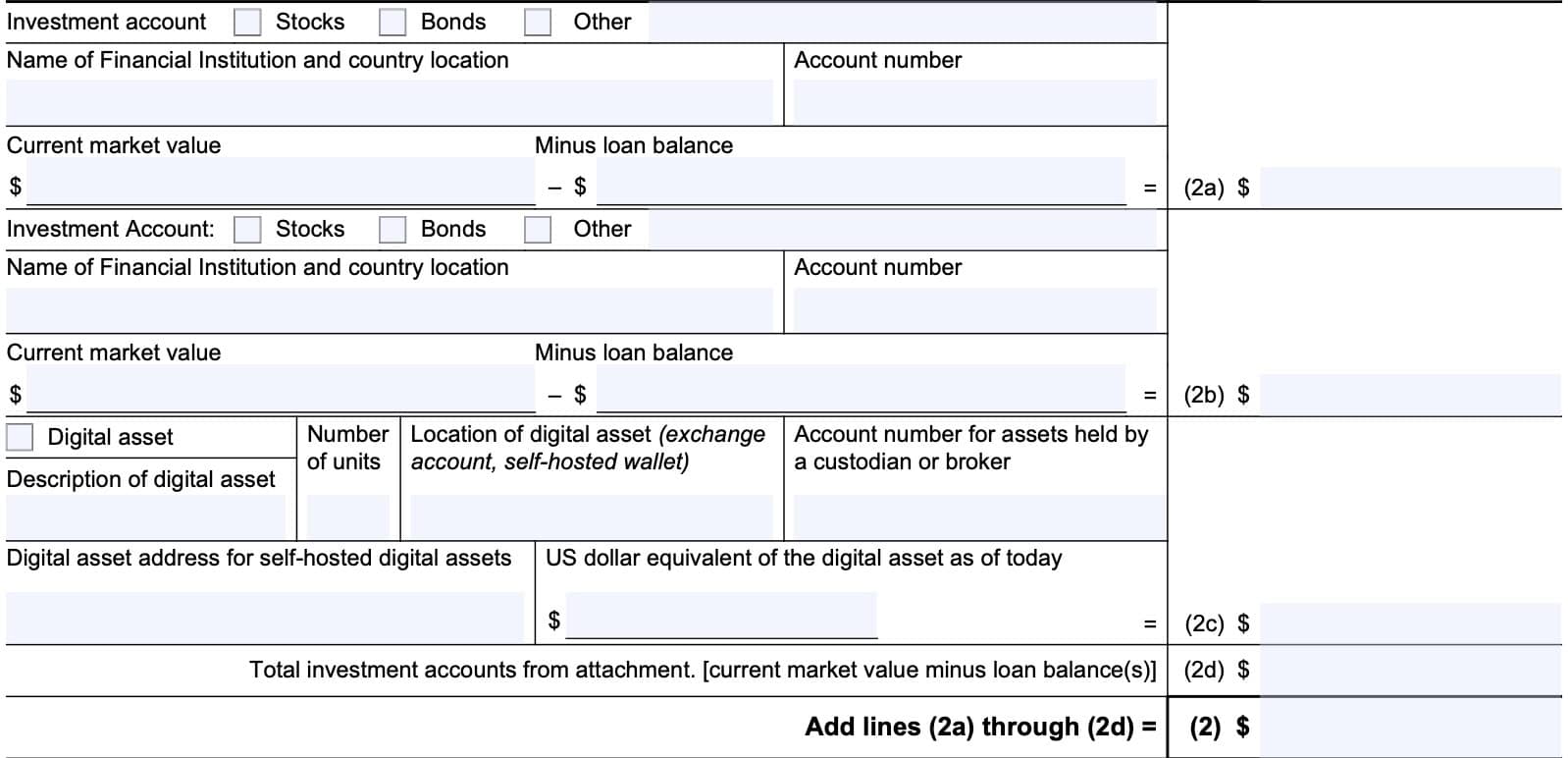 section 2, business asset information: investments