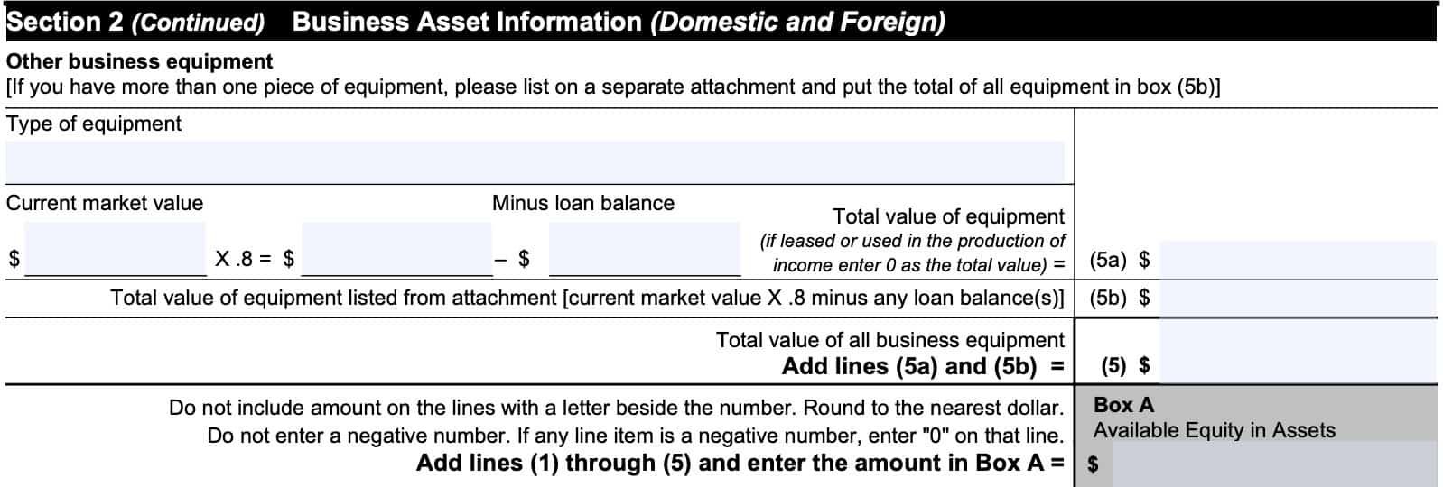 section 2, business asset information: business equipment