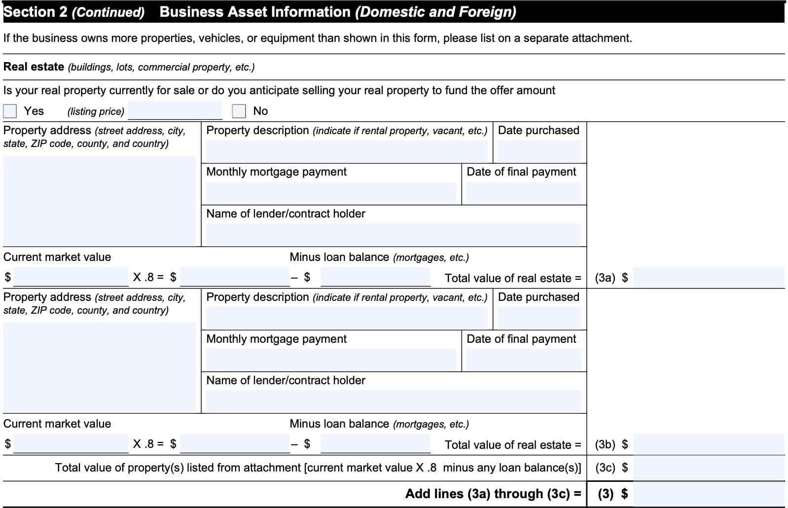 section 2, business asset information: real estate