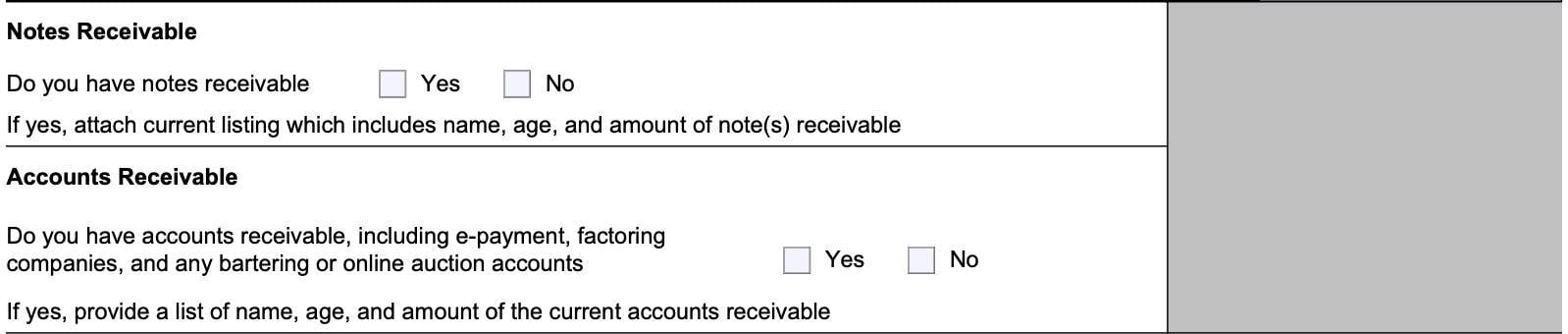 section 2, business asset information: receivables