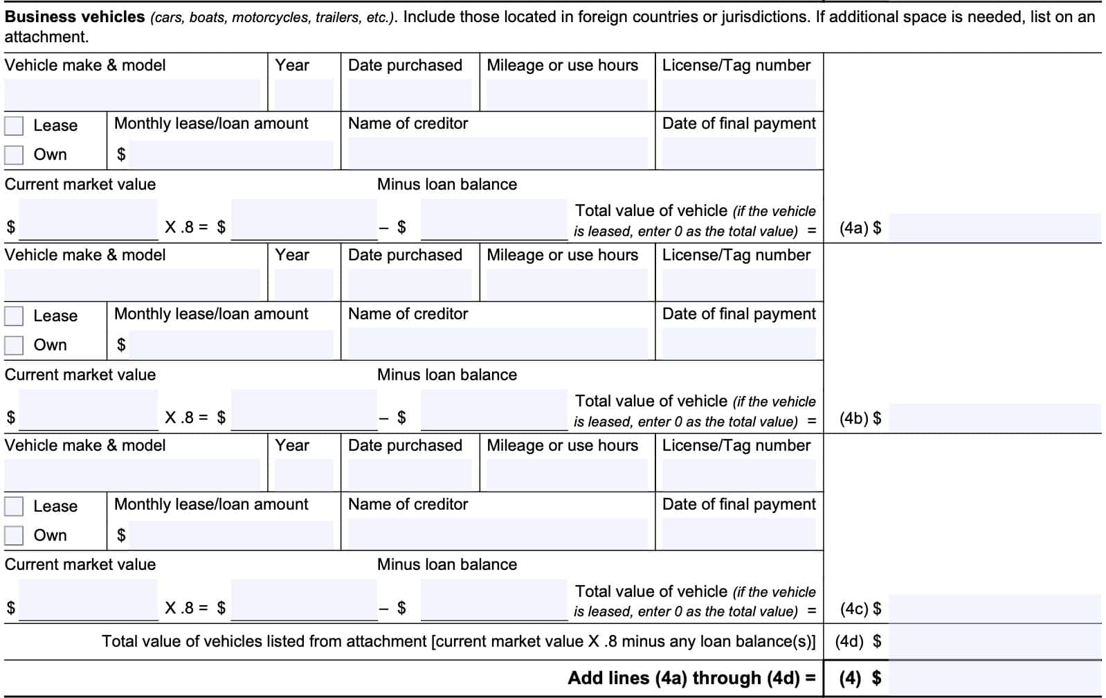 section 2, business asset information: business vehicles