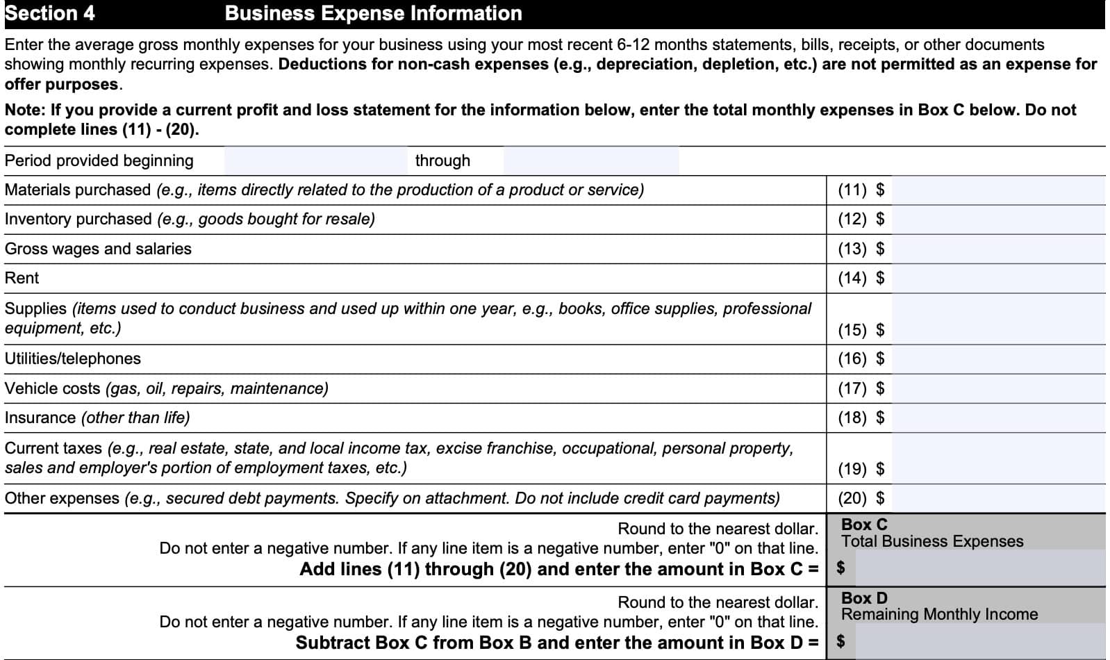 irs form 433-b, section 4: Business expense information