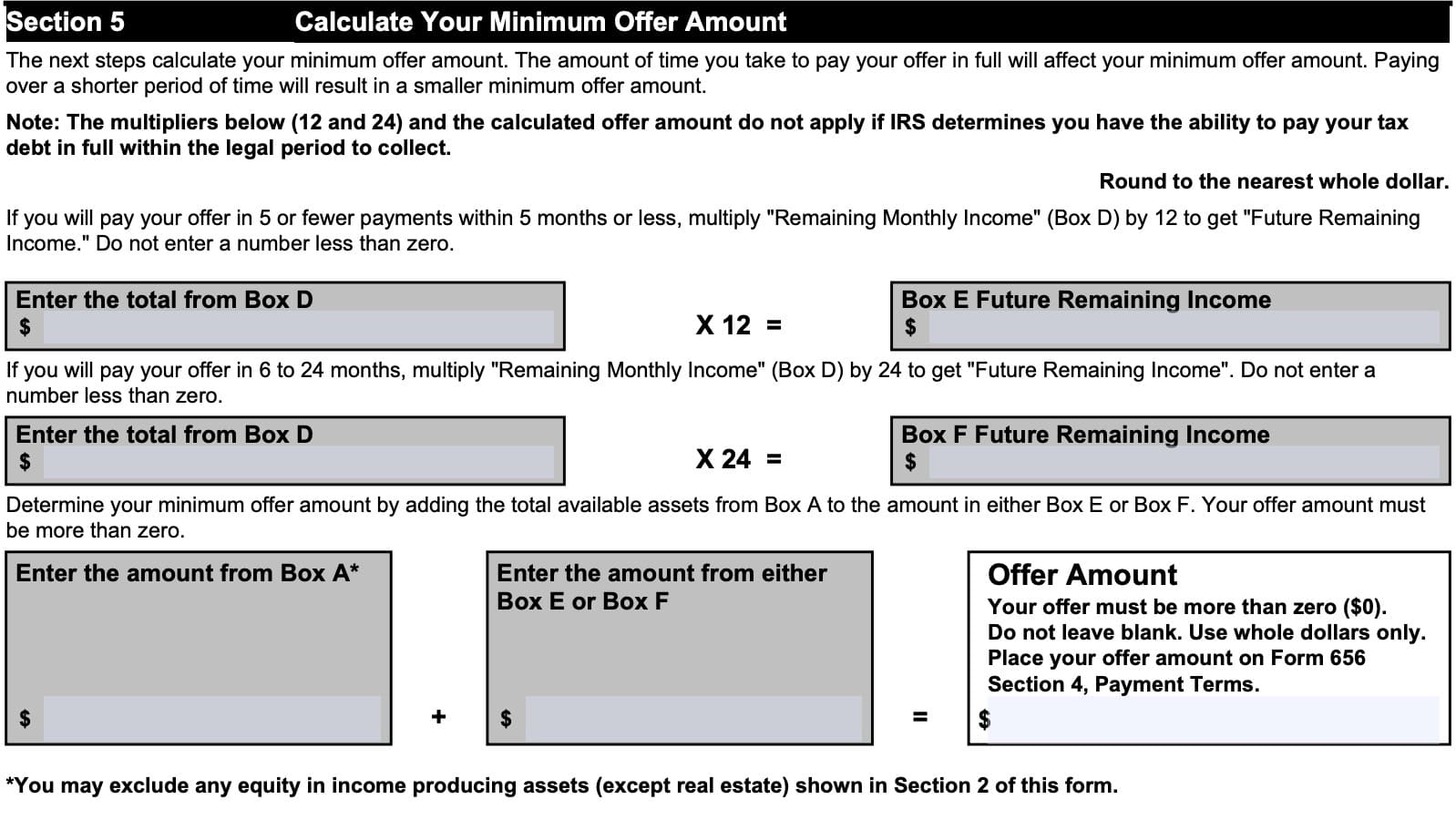 irs form 433-b, section 5: calculate your minimum offer amount