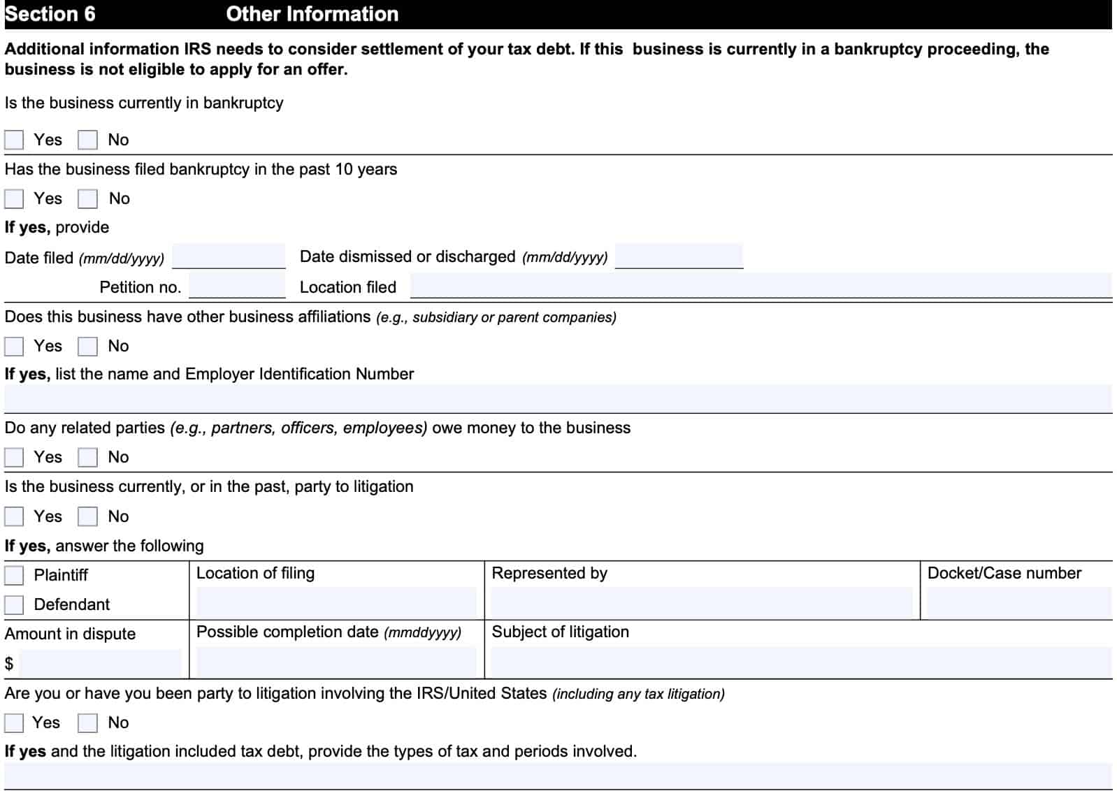 irs form 433-b, section 6: other information