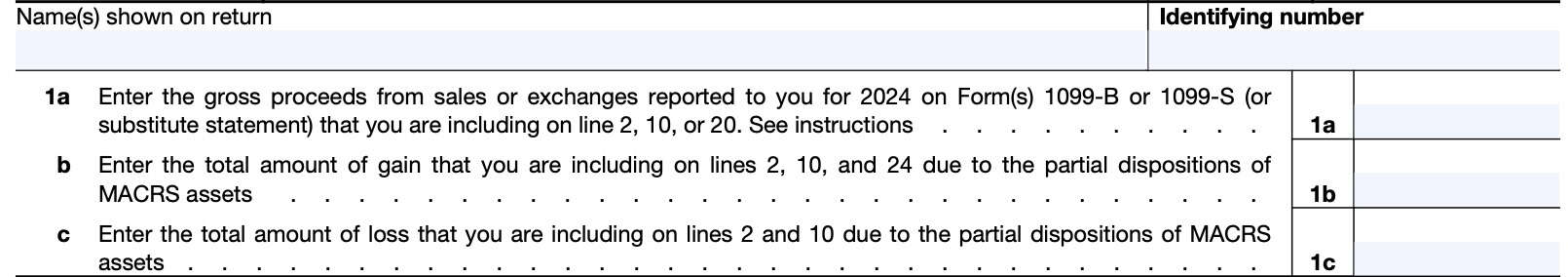 the top of form 4797 contains taxpayer name, identifying number, gross proceeds, and gain/loss from disposition of MACRS assets