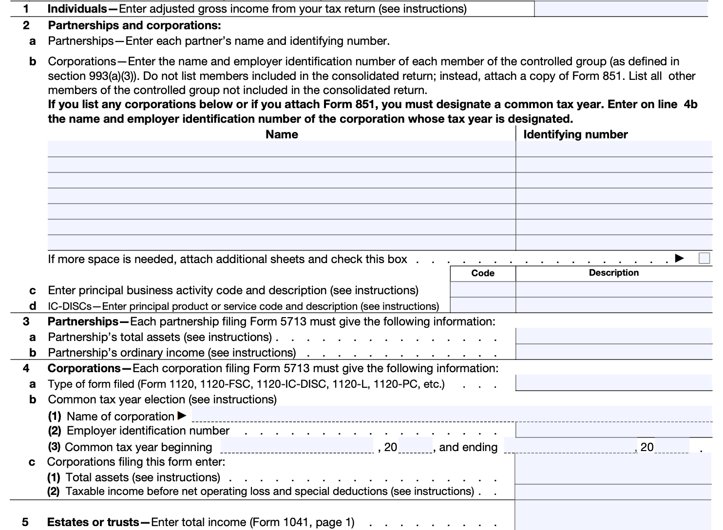 irs form 5713, line 1 through line 5