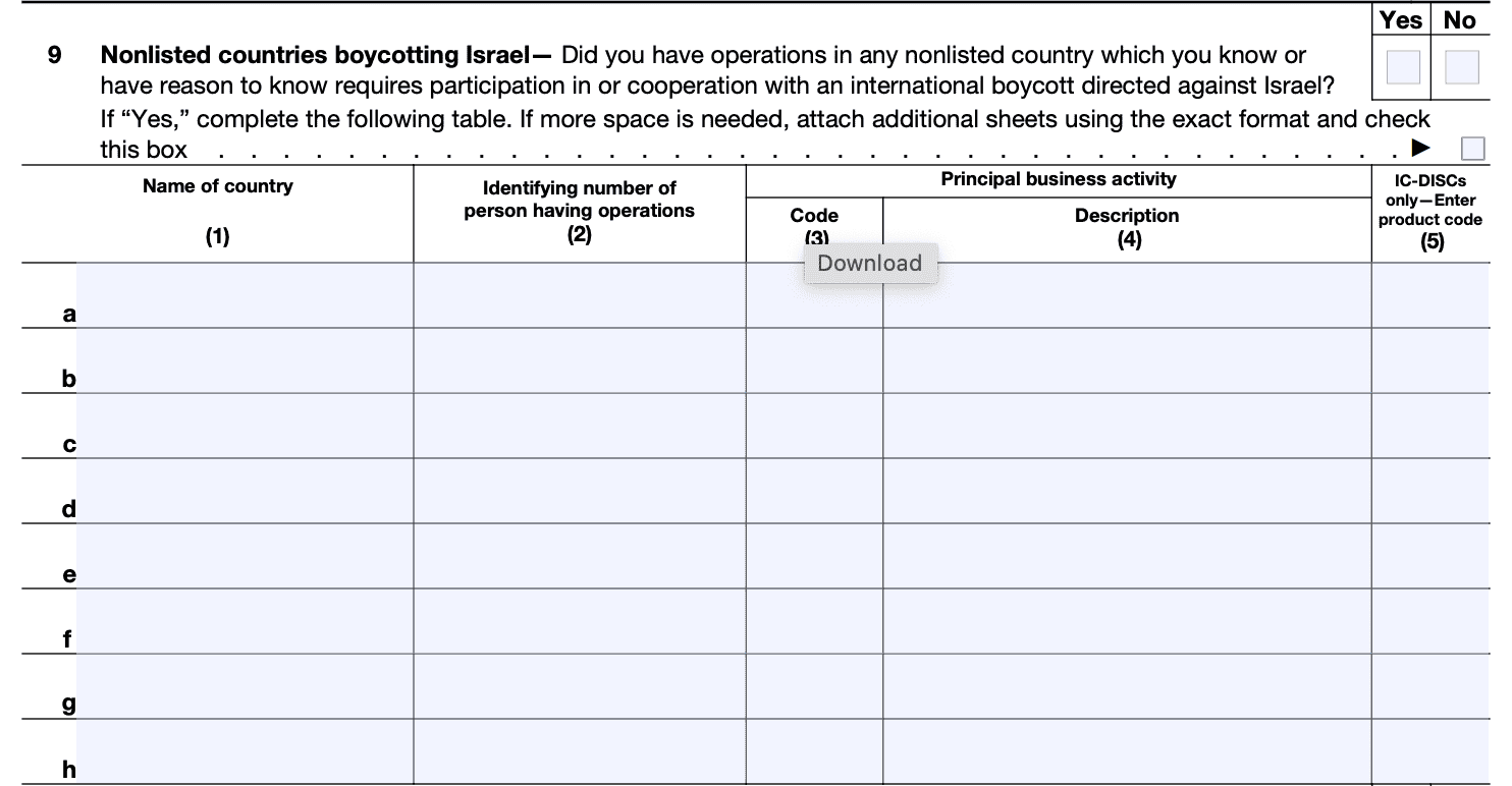 irs form 5713, line 9, nonlisted countries boycotting israel