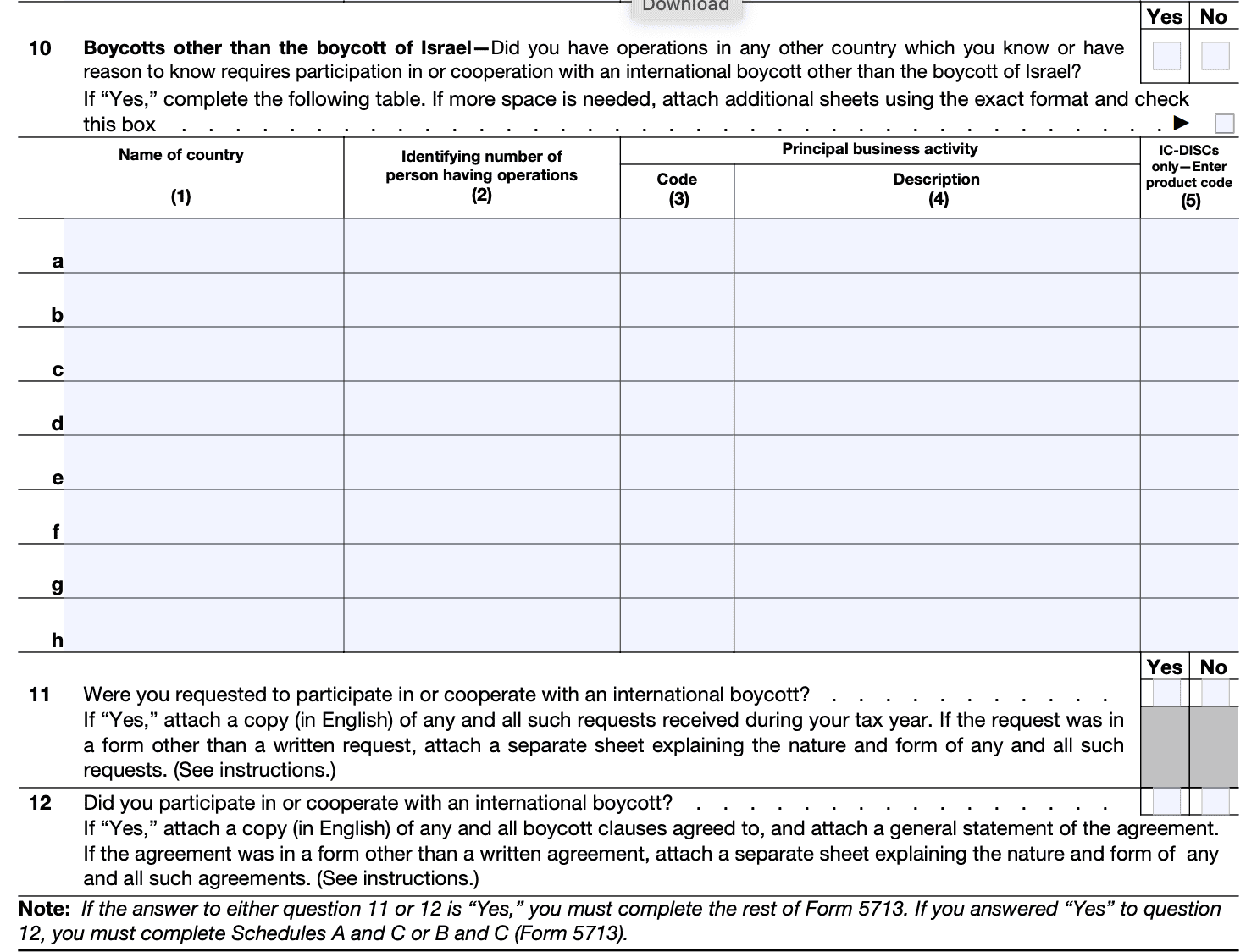 irs form 5713, boycotts other than the boycott of israel