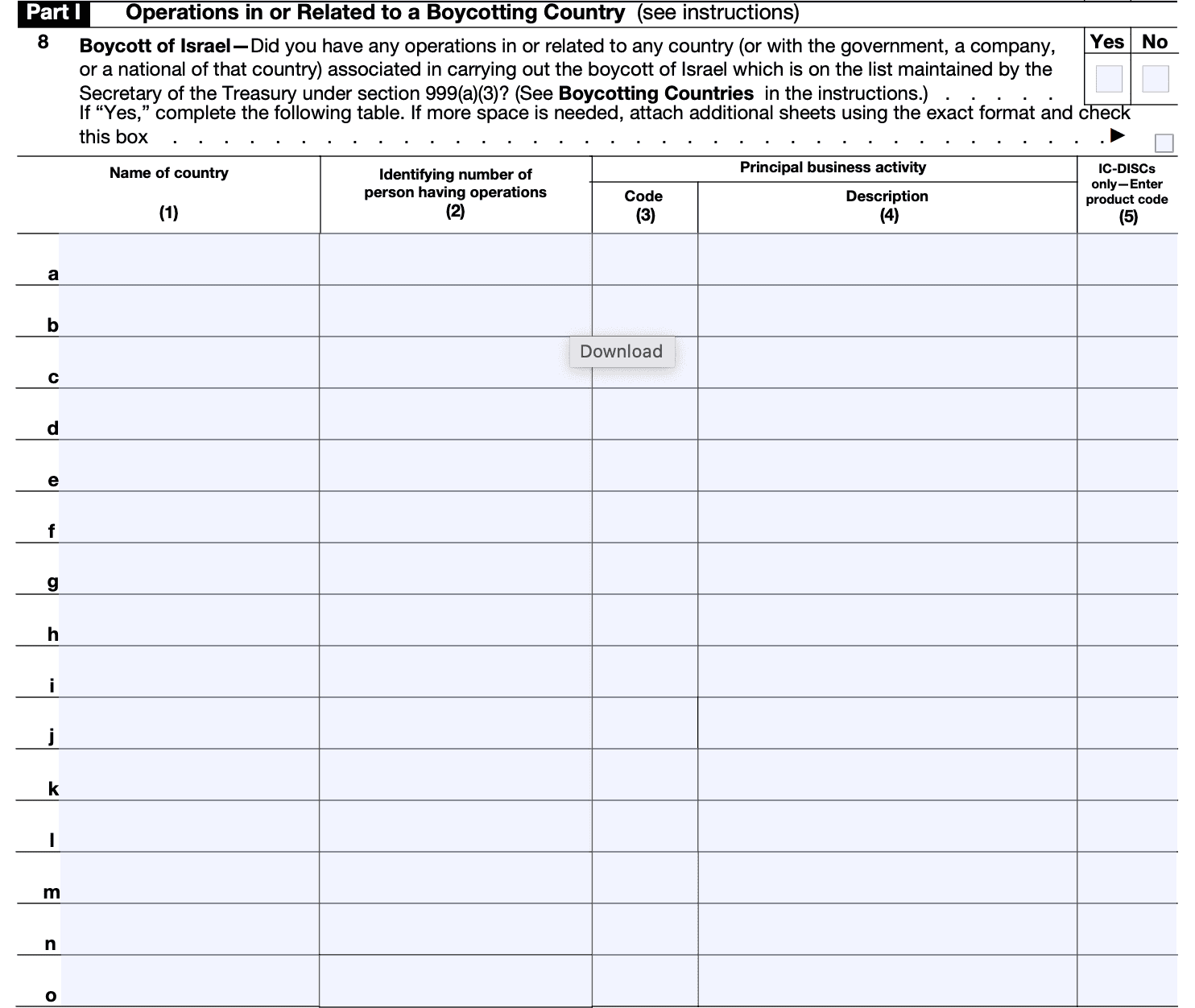 part i: operations in or related to a boycotting country, line 8