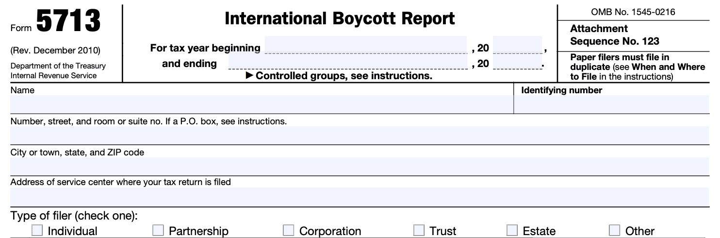irs form 5713, international boycott report, taxpayer information