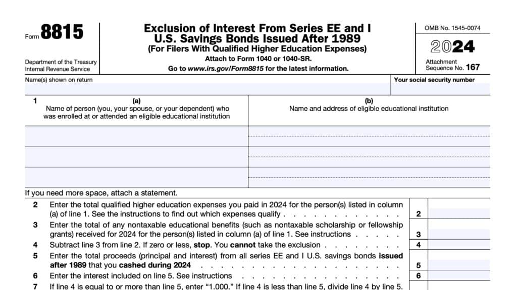 irs form 8815, exclusion of interest from Series EE and U.S. Savings Bonds issued after 1989