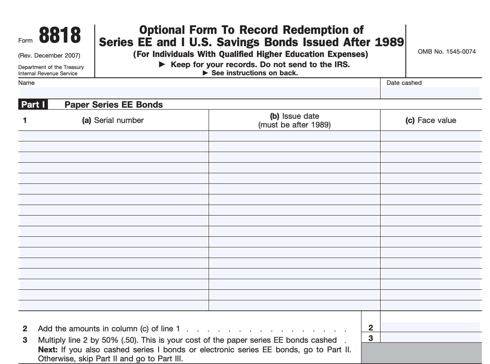 irs form 8818, part i: paper series EE bonds