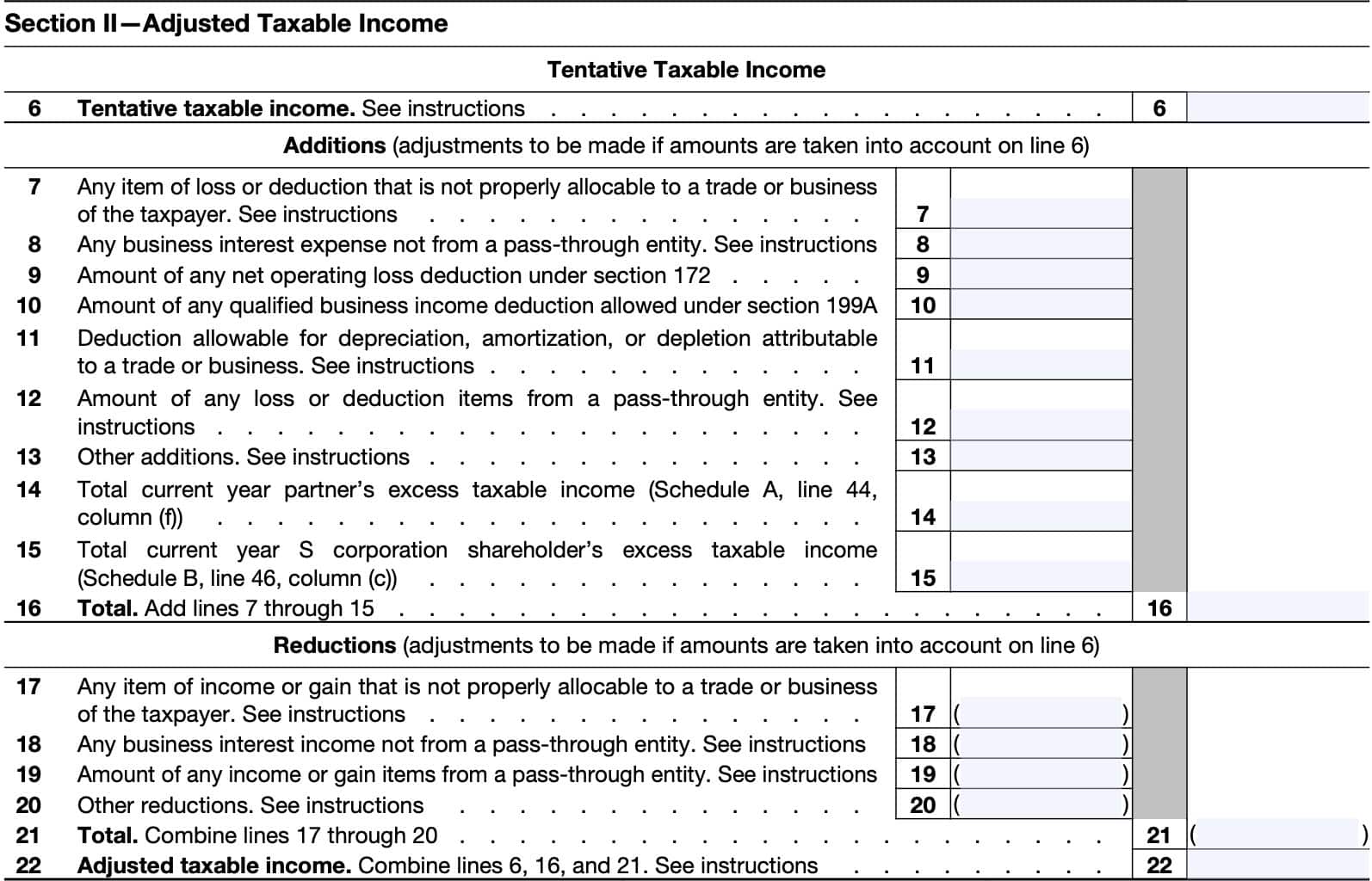 irs form 8990 part i, section ii: adjusted taxable income