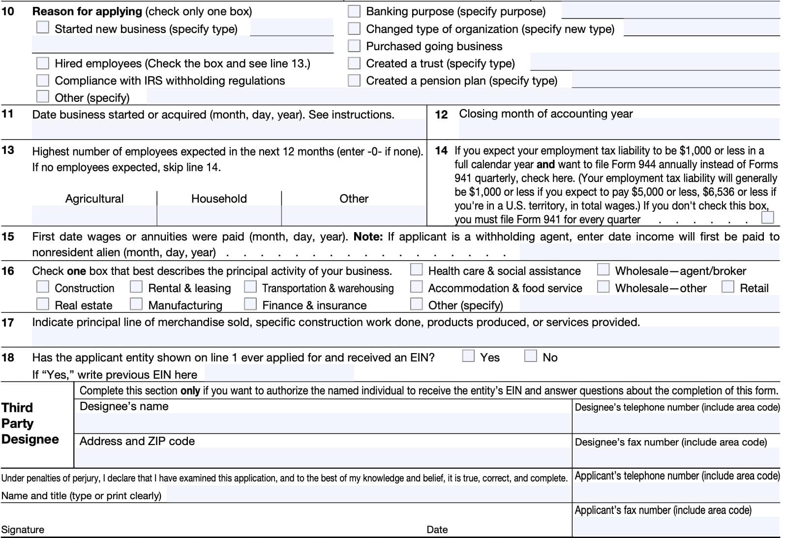 irs form ss-4, line 10 through line 18