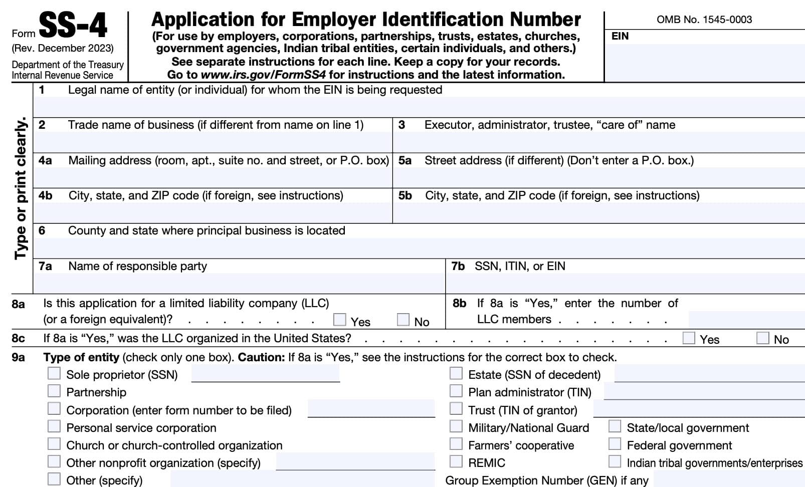 irs form ss-4, line 1 through line 9a