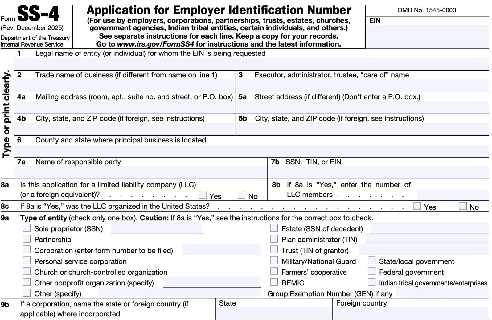 irs form ss-4, top