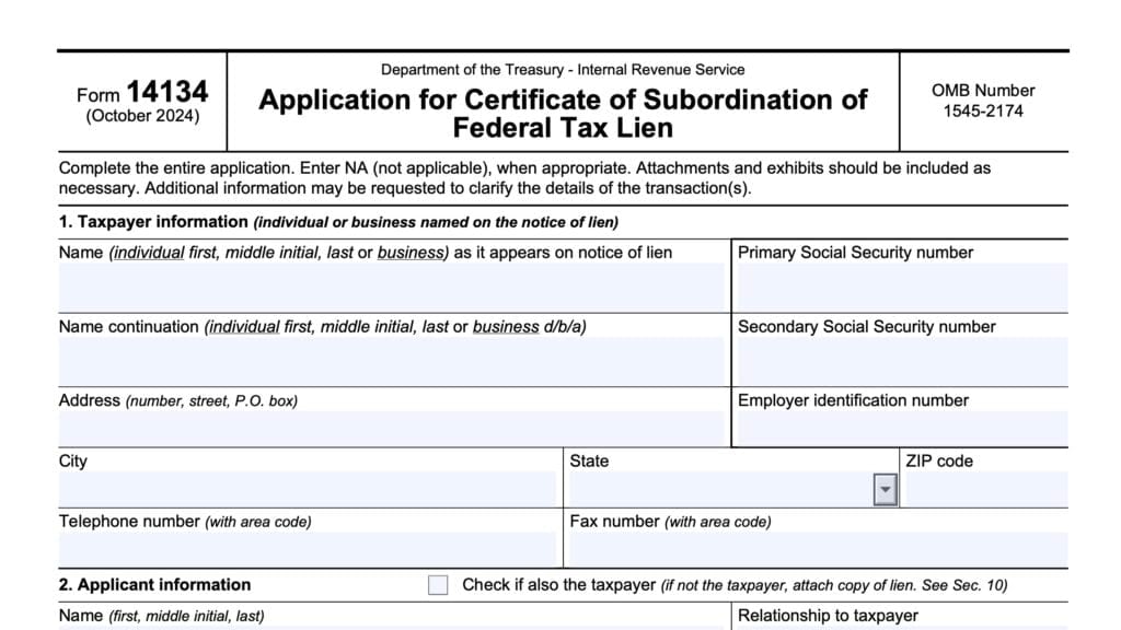irs form 14134, application for certificate of subordination of federal tax lien