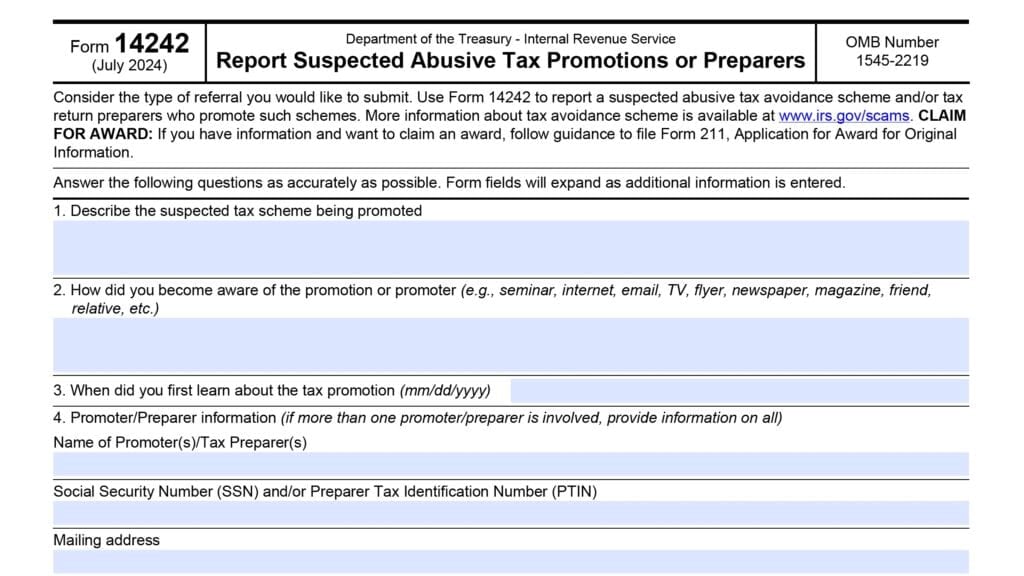irs form 14242, report suspected abusive tax promotions or preparers