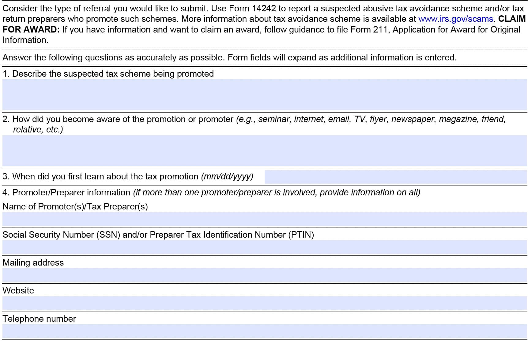 irs form 14242, report suspected abusive tax promotions or preparers, lines 1-4