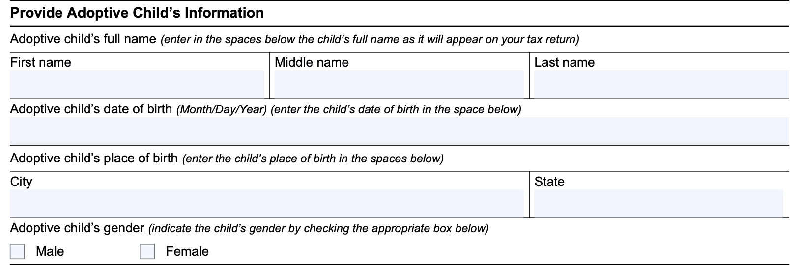 provide adoptive child's information