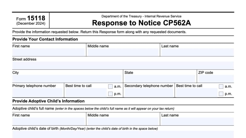 irs form 15118, response to notice CP562A