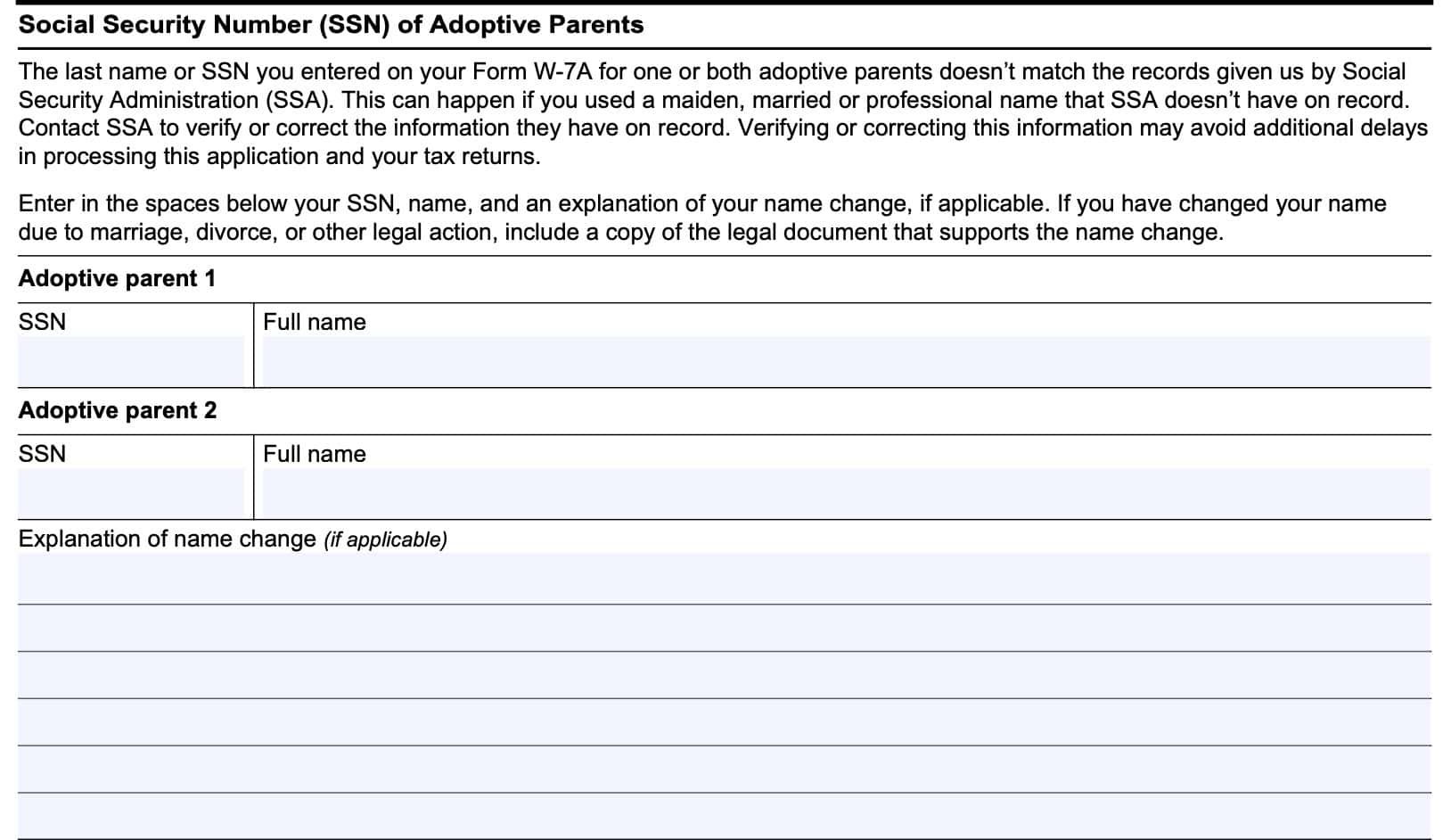 social security number (ssn) of adoptive parents