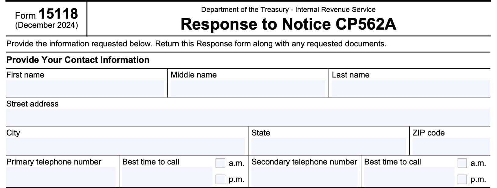 irs form 15118, provide contact information