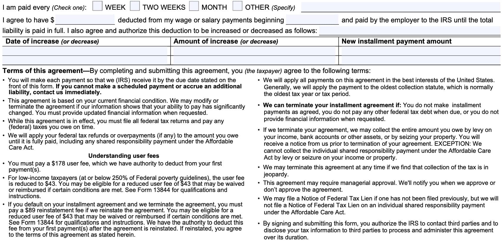 irs form 2159, terms of agreement