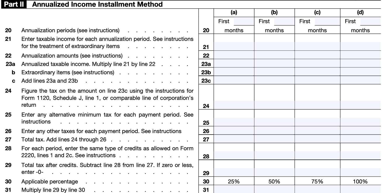 Schedule A, Part II: Annualized Income Installment Method