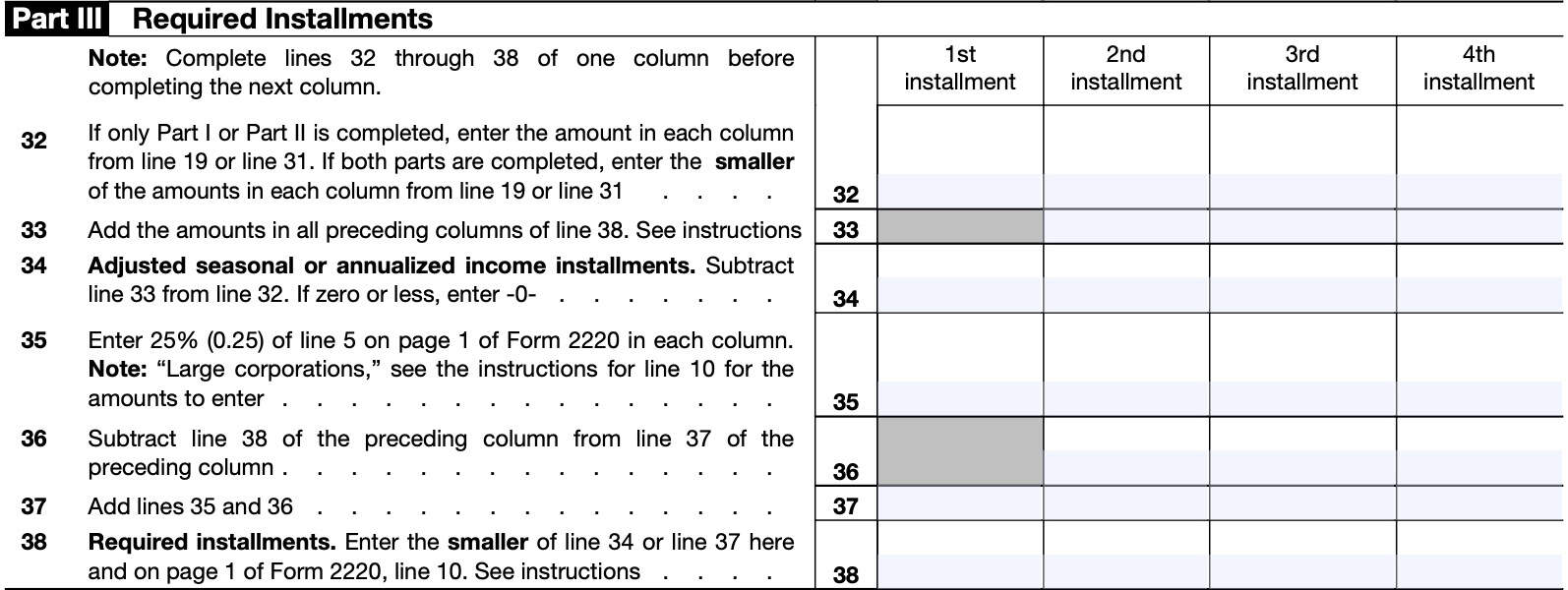 Schedule A, Part III: Required installments