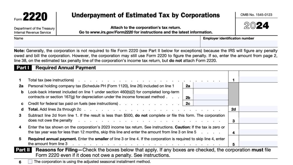 irs form 2220, underpayment of estimated tax by corporations