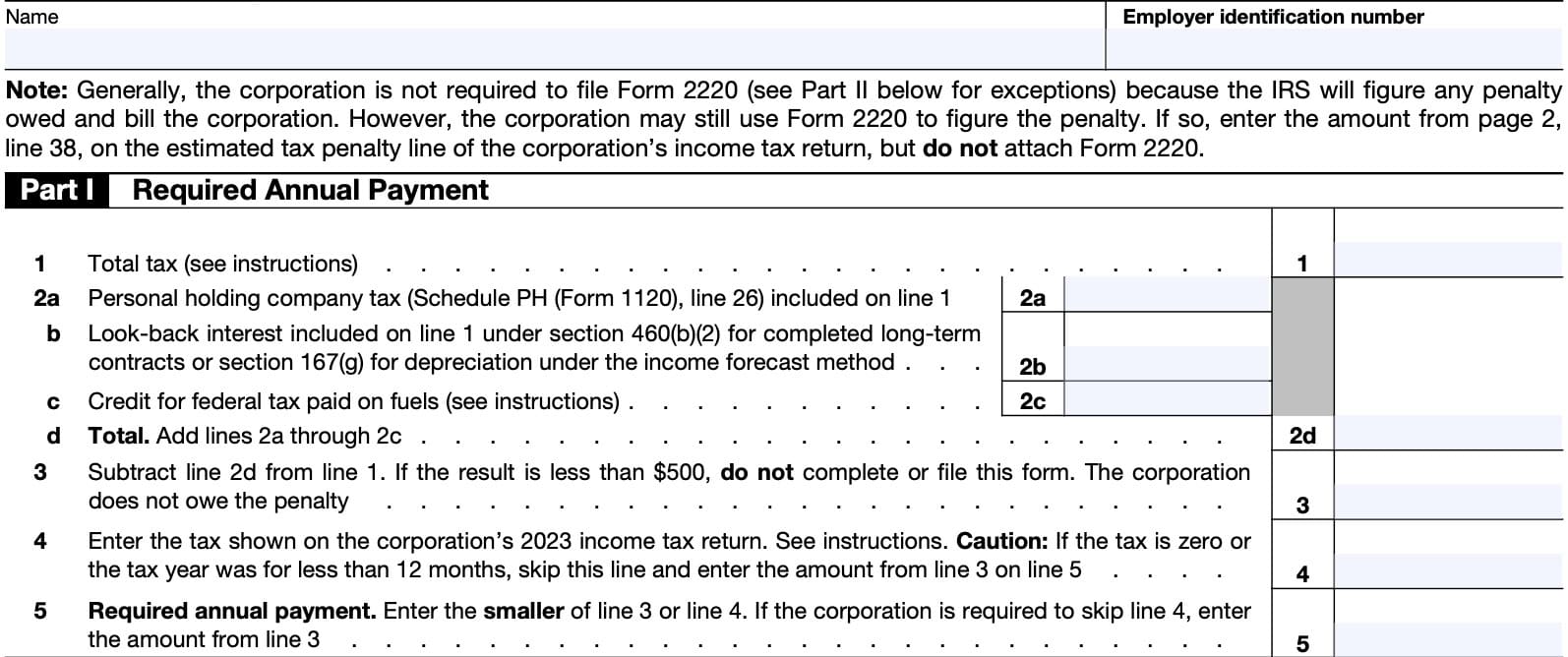 irs form 2220 part i: required annual payment