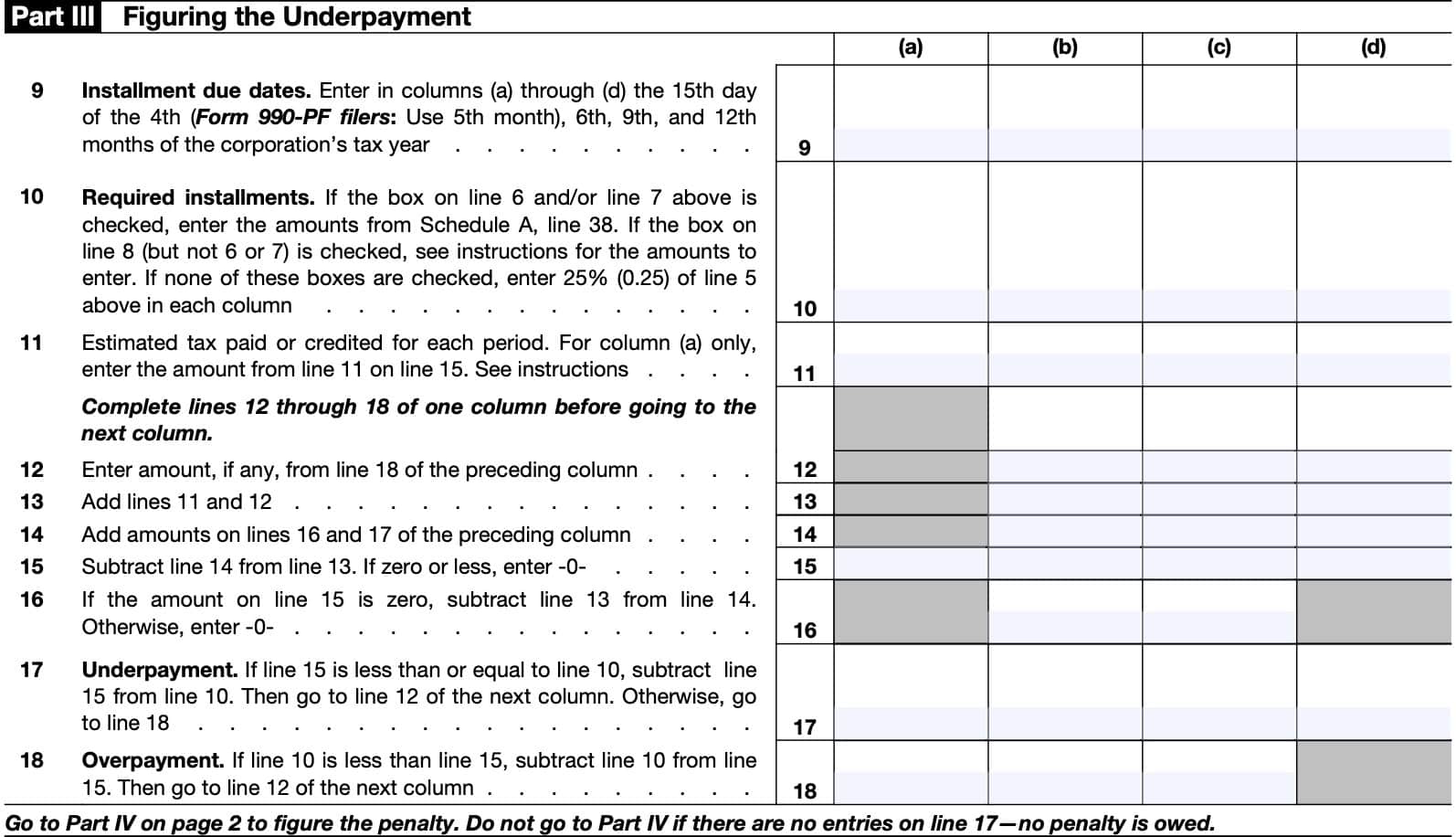 irs form 2220 part III: figuring the underpayment
