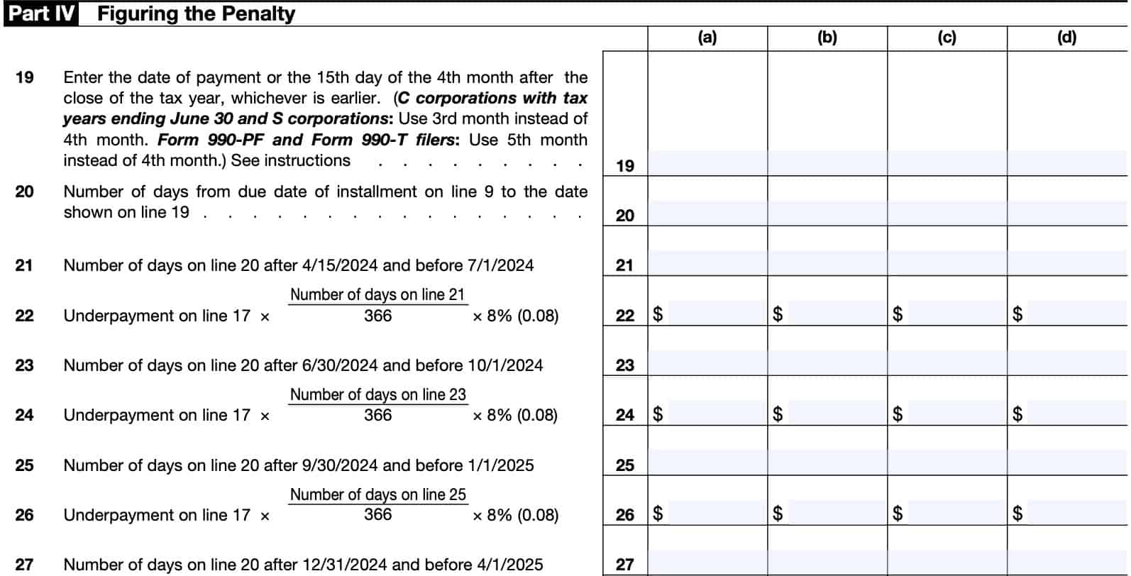 irs form 2220 part iv: figuring the penalty