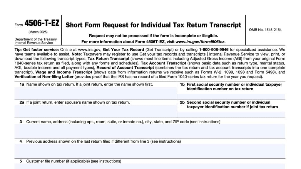IRS Form 4506-T-EZ, Short Form Request For Individual Tax Return Transcript