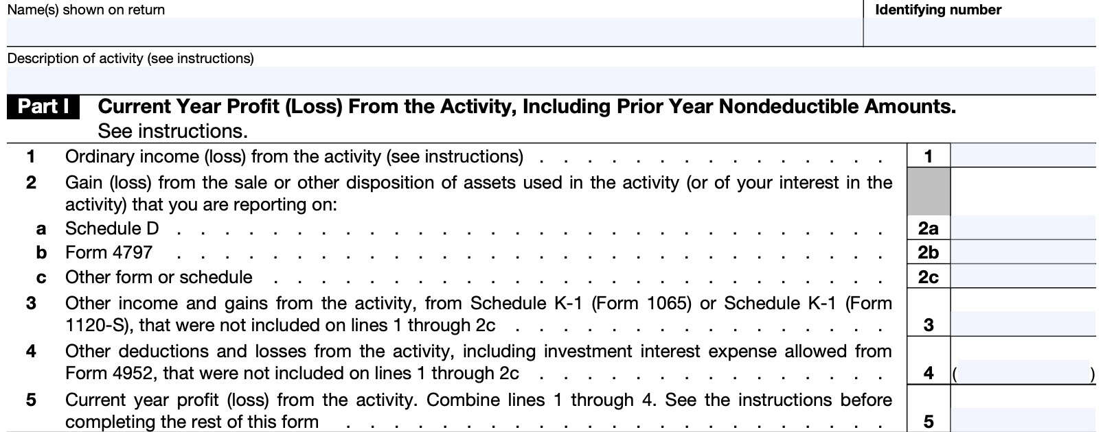 IRS Form 6198 Part I calculates current year profit or loss
