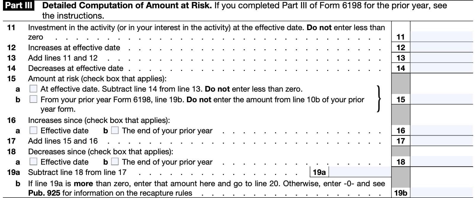 irs form 6198 part iii: detailed computation of amount at risk